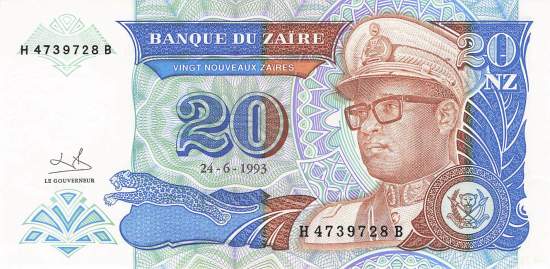 Zaire p56 20 nouveaux Zaires 1993 front
